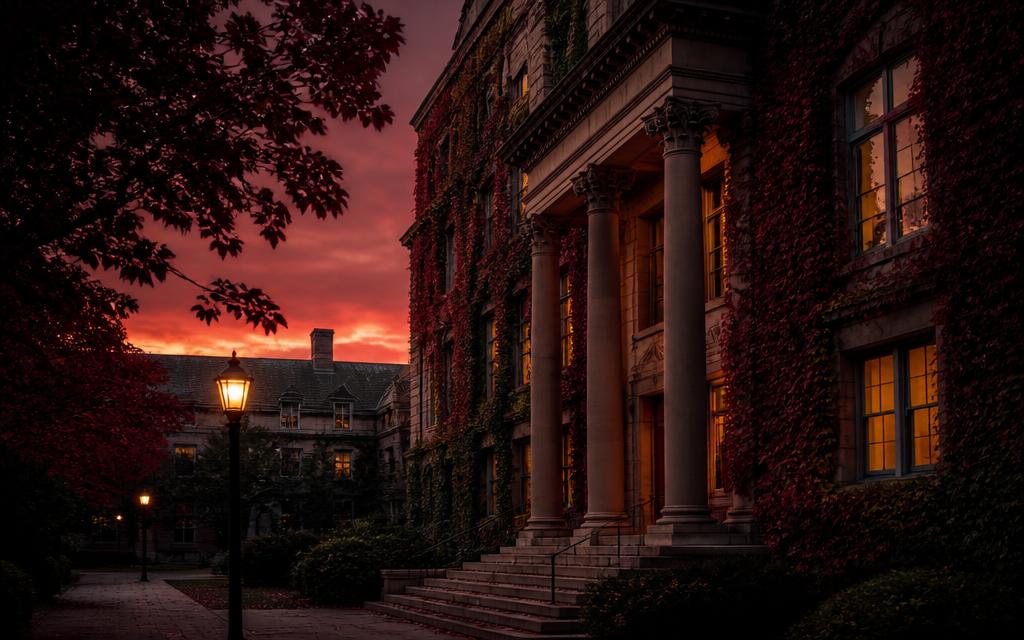 Fachada histórica de campus universitário ao entardecer
