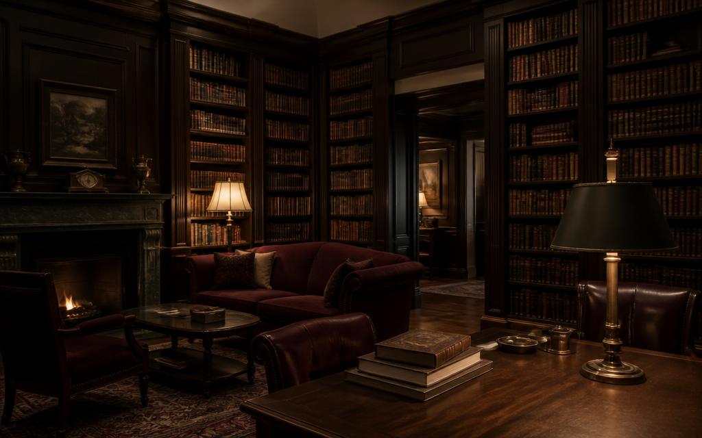 Biblioteca acadêmica clássica com estantes de madeira